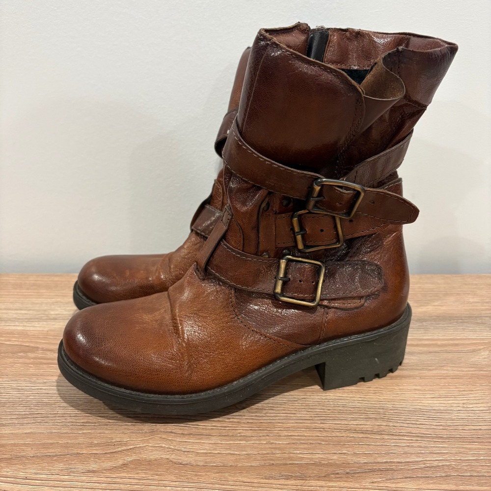 MJUS Moto Buckle Mid Calf Boots Women Brown size 38 Leather Lug Sole Zip